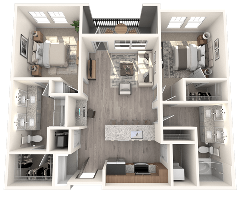 Floor plan for 2 beds, 2 baths, 1029 sqft